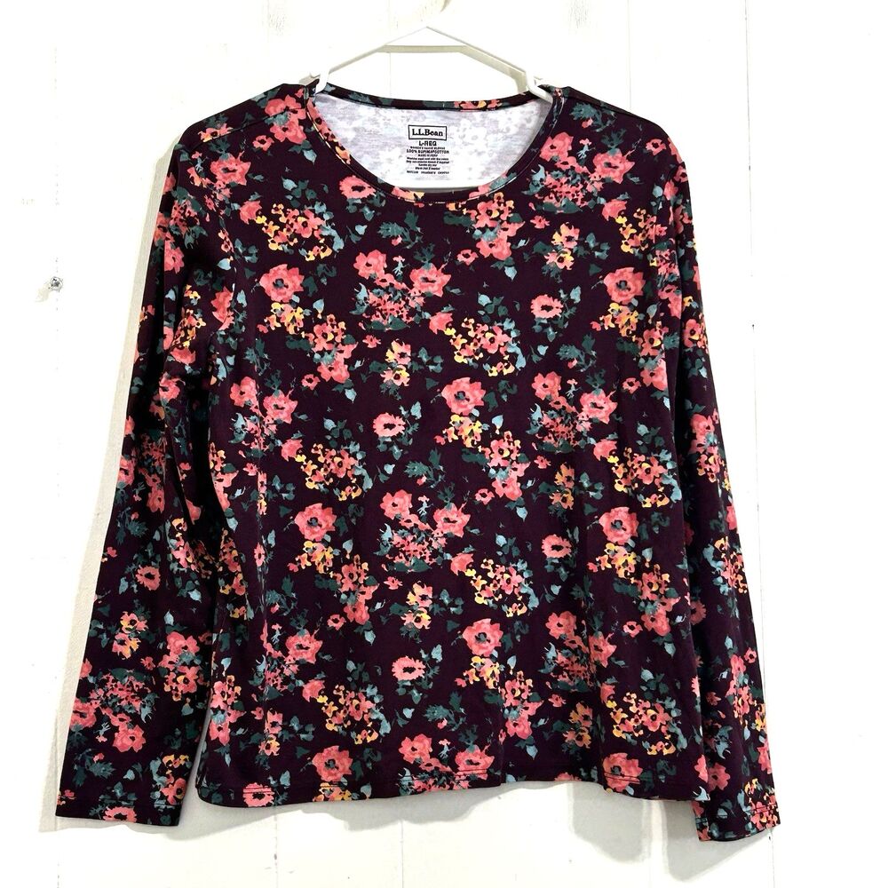 LL Bean Women's Large Pima Cotton Tee Long-Sleeve Crewneck Floral Shirt Top
